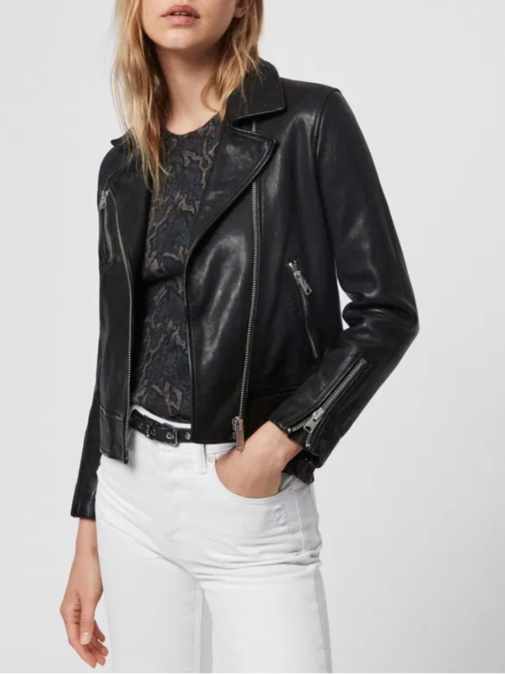 All Saints Fia Women’s Black 100% Sheep Leather Fall Biker Moto Jacket Size 4